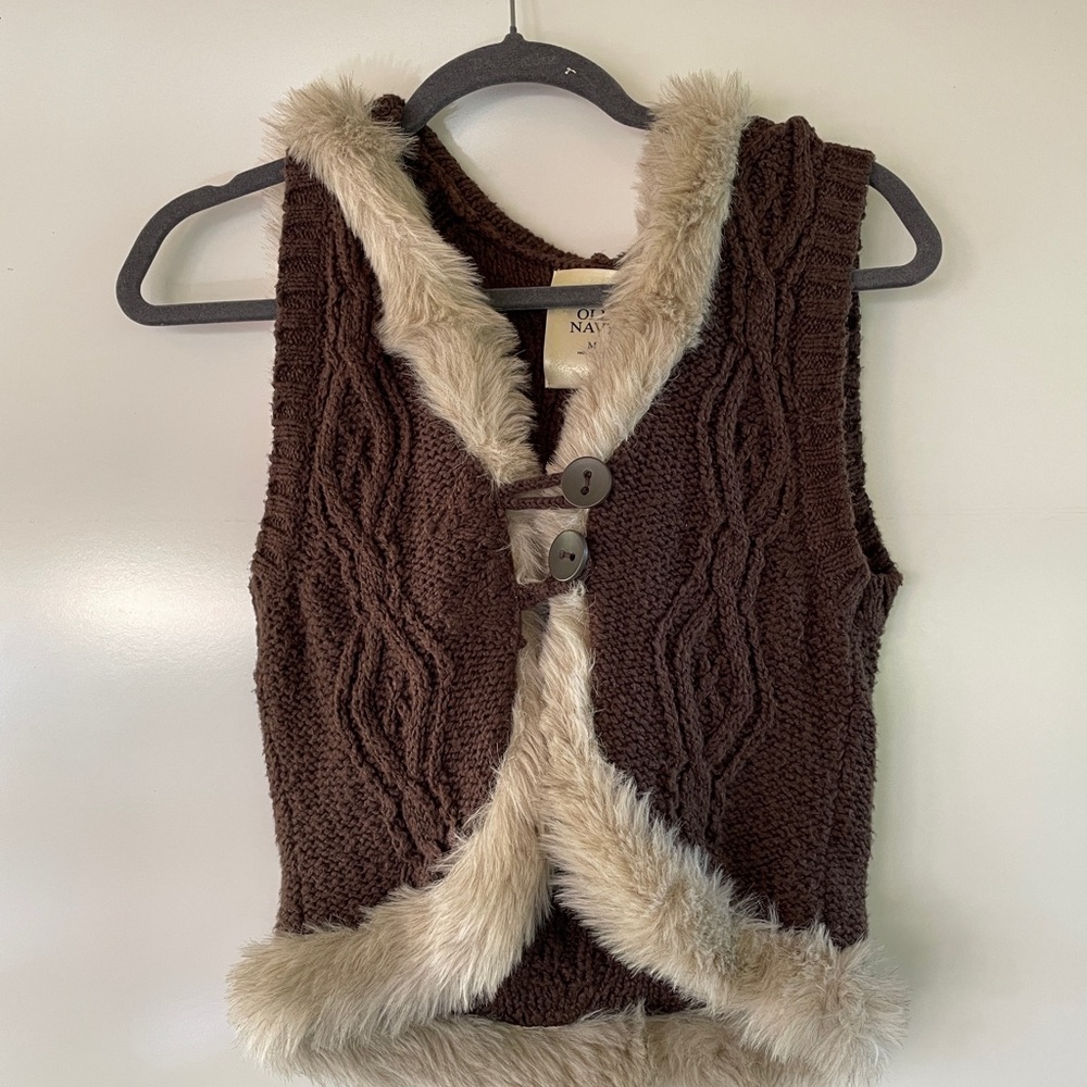 90s Old Navy Brown Vest with Cable Knit and Faux Fur Vintage